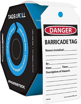 Accuform 100 Perigo Barricada TAG Tags em Rolo, Tags Fabricadas nos EUA Conforme OSHA, Resistente a Rasgos e à Água em Cartão PF, 6,25 x 3 x 0,01, TAR128