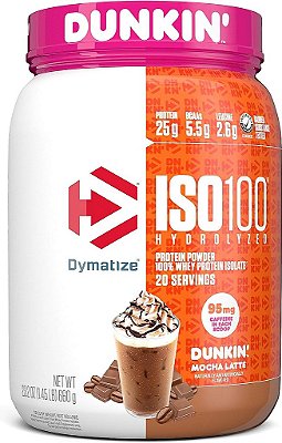 Pó de Proteína Hidrolisada Dymatize ISO100 sabor Dunkin' Mocha Latte, 100% Proteína Isolada do Soro do Leite, 25g de Proteína, 95mg de Cafeína,