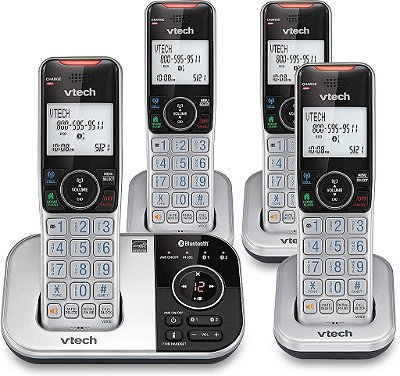 Telefone sem fio com 4 aparelhos VTech VS112-4 DECT 6.0 Bluetooth para casa com secretária eletrônica, bloqueio de chamadas, identificador de chamadas, intercomunicador e conexão com celular (prateado e pre