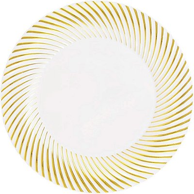 Itens Essenciais para Festa 40 Pratos Descartáveis de Porcelana para Almoço/Salada de Plástico Resistente de 9 com Borda Swirl, Branco/Dourado