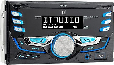 Rádio de carro estéreo Jensen MPR420 de tela LCD de 7 caracteres | Assistente de voz | Chamadas mãos-livres e streaming de música Bluetooth | Rádio AM/FM | Reprodução e carregamento USB | Não é um tocador de