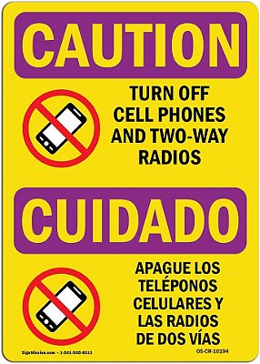 Sinal de advertência da OSHA para radiação - Desligue os celulares Bilingue | Adesivo | Proteja seu negócio, local de trabalho, armazém e área de loja | Fabricado nos EUA