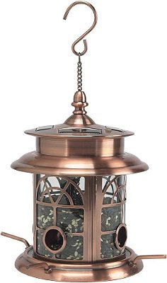 Alimentador solar de pássaros para exteriores, pendente de lanterna, decoração à prova d'água para amantes de pássaros, design de incrustação de arco, cobre.