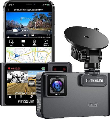 Câmera para painel Kingslim D1 Pro 2K frontal e interna com Wi-Fi GPS - Câmera para painel duplo 2K/1080P para carros, câmera para painel de carro com super visão noturna e