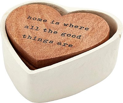 Porta-copos de coração de madeira Mud Pie, 9,5cm X 10,8cm