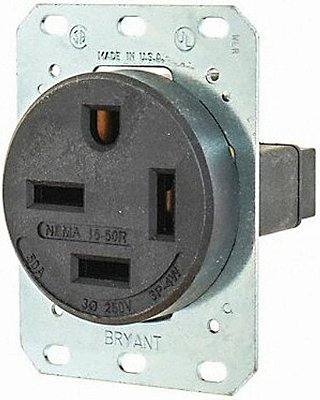Tomada de lâmina reta embutida Bryant Electric 8450FR de 50 amperes, 250V, NEMA 15-50R, preta.