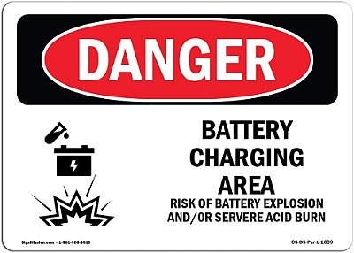 Sinal de Perigo OSHA - Riscos na Área de Carregamento de Bateria | Adesivo | Proteja seu Negócio, Canteiro de Obras, Armazém e Loja | Fabricado nos EUA