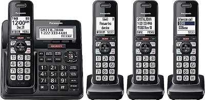 Telefone sem fio Panasonic com Bloqueio Avançado de Chamadas, Alerta de Golpe de uma Chamada e Gravação de 2 vias com Secretária Eletrônica, 4 Aparelhos - KX-TGF944B (Preto)