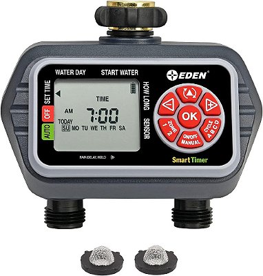 Temporizador digital programável para água Eden 93412 2-Zone, compatível com sensor de umidade do solo sem fio.