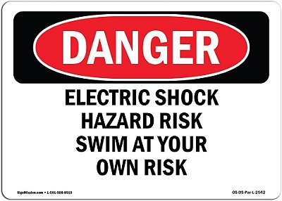 Placa de Perigo OSHA - Risco de Choque Elétrico Nade por Sua Própria Conta e Risco | Placa de Alumínio | Proteja sua Empresa, Canteiro de Obras, Área Comercial | Fabricado nos