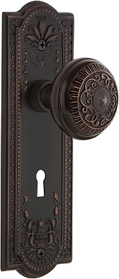 Placa de fechadura Nostalgic Warehouse Meadows com maçaneta de porta dupla Egg & Dart Dummy em bronze atemporal