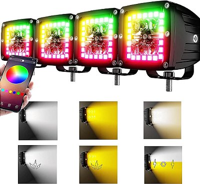 Painel de luz LED cubo 4P 3X3 branco/âmbar com halo RGB e 16 cores sólidas - Offroad Fog Frontlights com fiação e interruptor