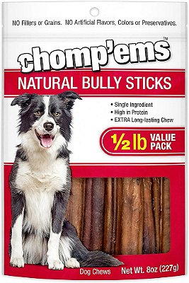 Chomp'ems Naturalmente Deliciosos Bastões de Bully - Mastigáveis Duradouros para Cães - Sem Sabores, Cores ou Conservantes Artificiais - Alternativa Rica em Proteínas ao Couro Cru, 8 Oz.