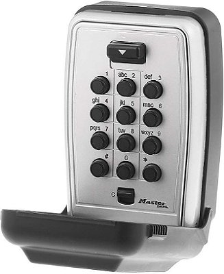 Caixa de bloqueio de chave montada na parede Master Lock com botão de pressão para chaves de casa, cofre de chave externo com fechadura de combinação, capacidade para 5 chaves, 5423D, preto