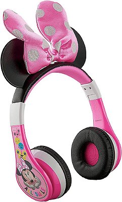 Fone de ouvido Bluetooth para crianças da Minnie Mouse, sem fio com microfone, inclui cabo auxiliar, fone de ouvido dobrável com volume reduzido para escola, casa ou viagens, rosa.