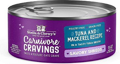 Stella & Chewy's Carnivore Cravings Savory Shreds Latas - Comida molhada para gatos sem grãos e rica em proteínas - Receita de atum e cavala selvagem - (Latas de 2,8 onças,