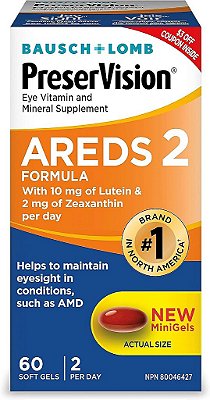 Suplemento de Vitaminas e Minerais para os Olhos PreserVision AREDS 2, Contém Luteína, Vitamina C, Zeaxantina, Zinco e Vitamina E, 60 Minigéis (Embalagem pode variar)