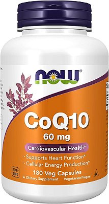 Suplementos NOW, CoQ10 60 mg, Grau Farmacêutico, Forma All-Trans de CoQ10 Produzida por Fermentação, 180 Cápsulas Vegetarianas