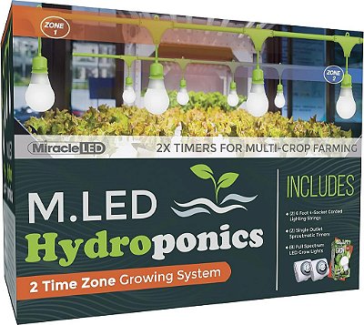 Sistema de cultivo indoor Miracle LED 2-Time Zone Hydroponics MLED - Inclui 8 lâmpadas de crescimento de espectro completo Ultra Grow de 150W e 2 dispositivos com temporizadores de luz de crescimento SproutMatic.