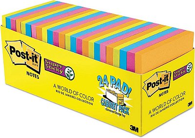 Notas Adesivas Super Sticky Post-it, 3x3 pol., 24 blocos, 2x mais aderência, Coleção Energy Boost, Cores Vibrantes (Laranja, Rosa, Azul, Verde), Reciclável