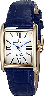 Relógio de pulso feminino Peugeot banhado a ouro 14K com pulseira de couro e mostrador com números romanos