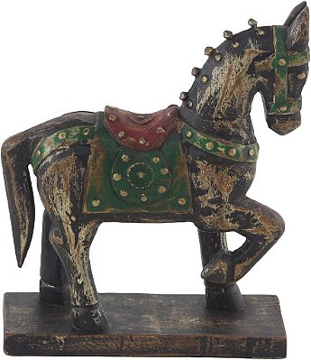 Escultura de Cavalo Entalhado Rústico Deco 79, 3 L x 9 A, Marrom, Vermelho, Verde
