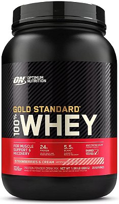 Pó de Proteína Optimum Nutrition Gold Standard 100% Whey, Morangos e Creme, 2 Libras (Embalagem Pode Variar)