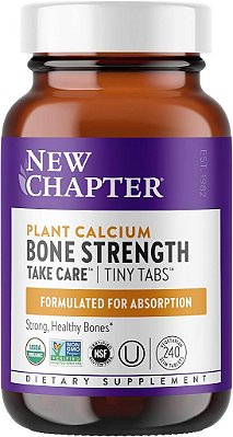 Suplemento de cálcio New Chapter - Bone Strength Tiny Tabs Organic Red Marine Algae Calcium - com vitamina D3+K2 + magnésio, 70+ minerais traço para a saúde óssea, sem glúten, fácil de engolir -