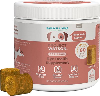 Suplemento para cães da Project Watson, contém Ômega-3, Ômega-6, Luteína, Zeaxantina e Vitamina A, Extrato de Erva-cidreira e Raiz de Marshmallow para ajudar a reduzir