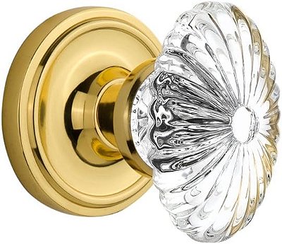 Maçaneta de cristal entalhado oval com roseta clássica Nostalgic Warehouse, passagem - 2,75, latão sem verniz.