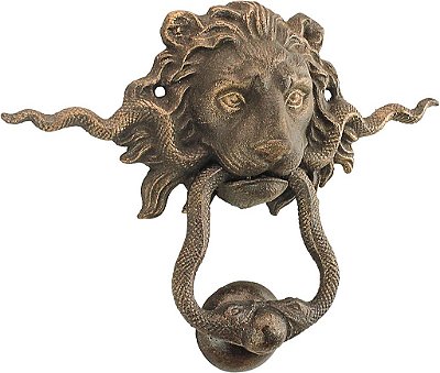 Batedor de Porta Decorativo em Ferro Fundido, Leão e Cobra, Estilo Francês de Realeza, Dourado da Design Toscano SP3015