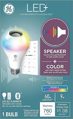Lâmpada LED colorida com alto-falante e controle remoto GE LED+, 9W, Luz do dia + Multicolorida, A21 (1 unidade)