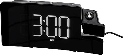 Relógio de Projeção Retangular Amazon Basics com Rádio FM, Carregamento USB para Telefone, Bateria de Backup, Preto