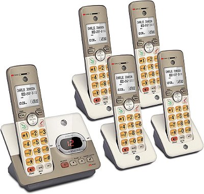 Telefone sem fio AT&T EL52513 com 5 aparelhos e sistema de atendimento com teclas XL retroiluminadas.