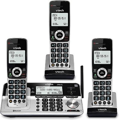 Telefone sem fio VTech VS113-3 de alcance estendido com 3 ramais para casa, bloqueio de chamadas, conexão Bluetooth com celular, tela retroiluminada de 2 polegadas, botões grandes e sistema de atendimento, prateado