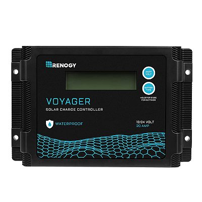 Controlador de carga solar Renogy Voyager 20A 12V/24V PWM à prova d'água com display LCD para baterias AGM, gel, inundadas e de íon de lítio, usado em trailers, barcos, iates, Voyager 20