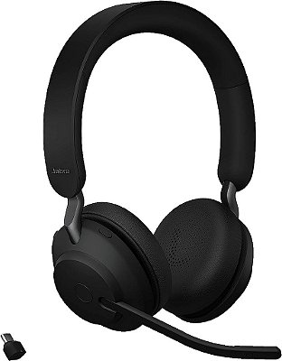 Fones de ouvido sem fio Jabra Evolve2 65 UC com Link380c, estéreo, preto - Fone de ouvido Bluetooth sem fio para chamadas e música, 37 horas de duração da bateria, fones de ouvido com