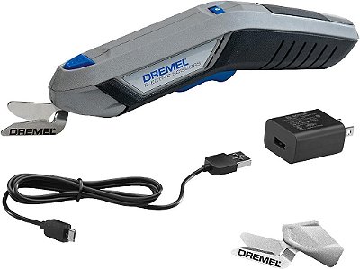 Tesoura elétrica sem fio Dremel 4V com bateria recarregável USB e dois acessórios de lâmina - Ideal para cortar papelão, tecido e papel, HSSC-01