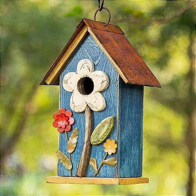 Casa de pássaro em madeira maciça decorativa e desgastada da glitzhome GH90097, 10,25 polegadas de altura, azul.