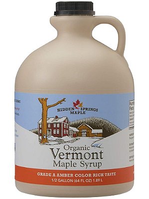 Xarope de Bordo Orgânico Vermont Hidden Springs Maple, Grau A Rico em Âmbar, 64 Onças, 1 Meia Galão, Fazendas Familiares, Não contém BPA