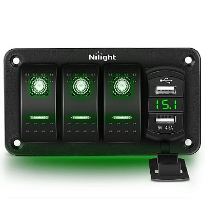 Painel de Interruptor de Alavanca Nilight 3 Gang com Carregador USB Duplo de 4.8 Amp Voltímetro à Prova d'Água 12V 24V DC Interruptor de Alavanca com Adesivos de Brilho Not