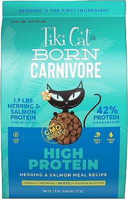Alimento Seco para Gatos Tiki Cat Born Carnivore de Alta Proteína, à Base de Arenque e Salmão, Livre de Grãos, para Maximizar os Nutrientes, Embalagem de 2,8 lbs.