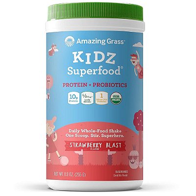 Superfood Kids Amazing Grass: Proteína Vegana e Probióticos para Crianças com Pó de Beterraba e 1/2 xícara de Vegetais Folhosos, Explosão de Morango, 15 Porções