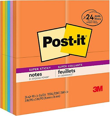 Notas adesivas super aderentes Post-it, 24 blocos de notas adesivas, 3 x 3 pol., Ideal para organização na sua república, casa ou escritório, Coleção Energy Boost