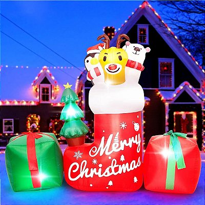 Decoração inflável de Natal para área externa de 8 pés - Animal inflável em meia de Natal com caixa de presente - Animal inflável iluminado em meias de Natal - Luzes de LED - para decoração de Natal no quintal外Ç