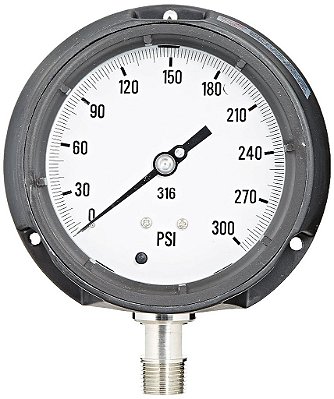 Manômetro de pressão de processo com caixa de segurança fenólica, internos de aço inoxidável 316 e lente à prova de quebra de plástico, diâmetro de discagem de 4,5, faixa de 0/300