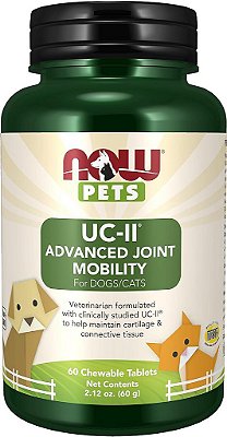 NOW® Pets, UC-II® Mobilidade Avançada das Articulações para Cães e Gatos, Formulado por Veterinários, Ajuda a Manter a Cartilagem e o Tecido Conectivo*, 60 Comprimidos Mastigáveis (60