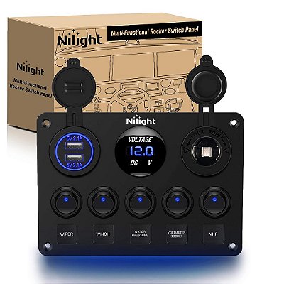 Nilight 90101E 5Gang Multi-Function 5 Gang Rocker Dual USB Charger + Digital Volmeter +12V Outlet Pre-Wired Switch Panel with Circuit Breakers for RV Car Boat Truck Trailer,2 Years Warranty,Blue

Tradução: Painel de Interruptores Pr