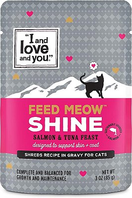 Eu e amor e você Alimente Meow Molhado Suplementos de Alimento para Gatos, Fórmula Shine com Salmão e Atum, Ômegas 3 e 6 para Pele e Pelagem Saudáveis, Sem Grãos