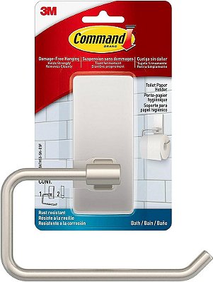Porta papel higiênico Command Nickel acetinado com tiras Command resistentes à água, organizador de banheiro resistente à ferrugem.